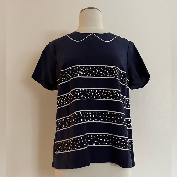 ORIGINAL PENGUIN silk blouse with trompe l'oeil collar and sequin stripe - Picture 2 of 4